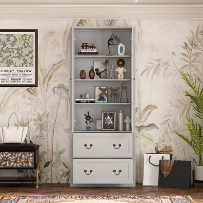 Bibliothèque vitrine avec 2 tiroirs et portes vitrées