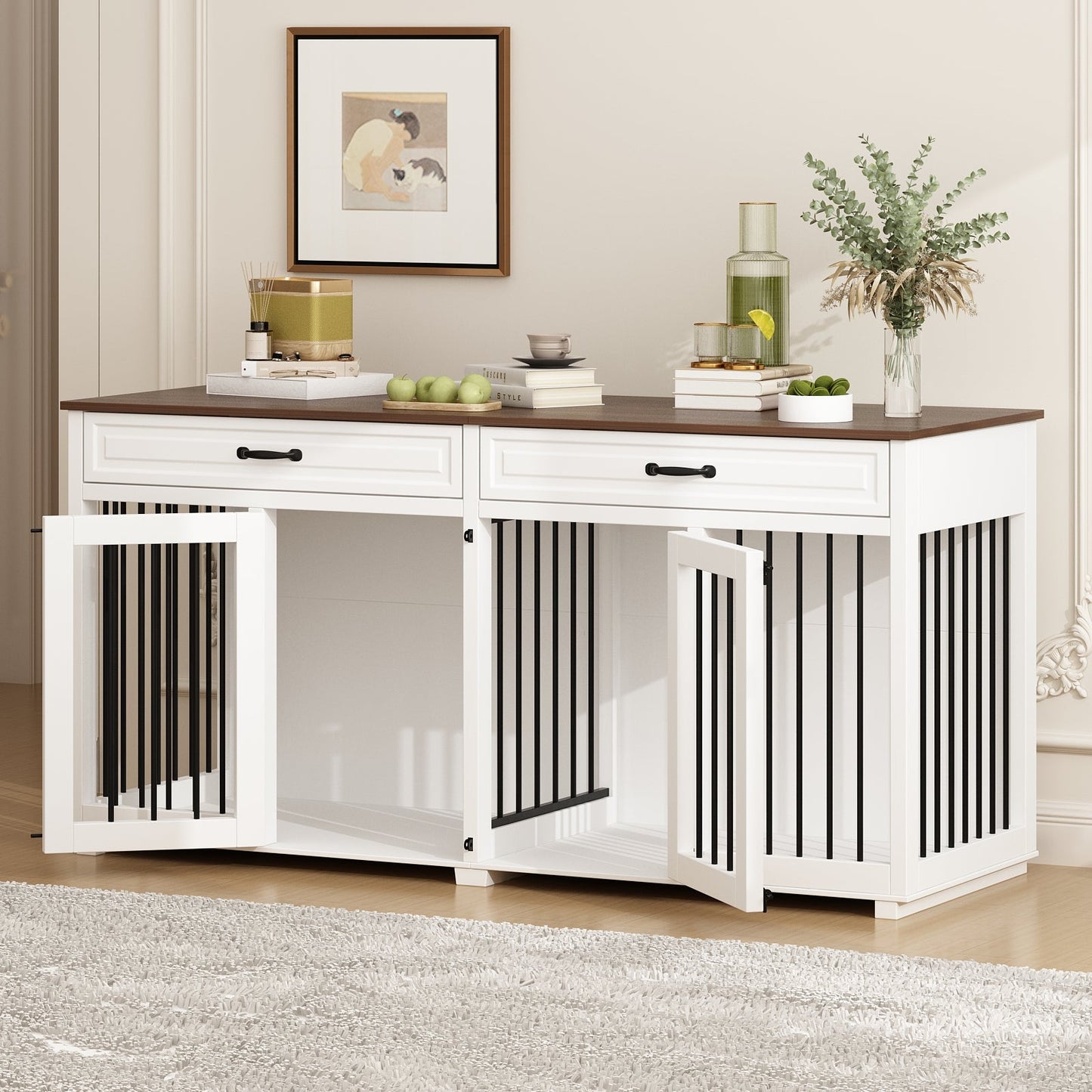 Grande cage en bois pour chien avec séparateur et table d'appoint