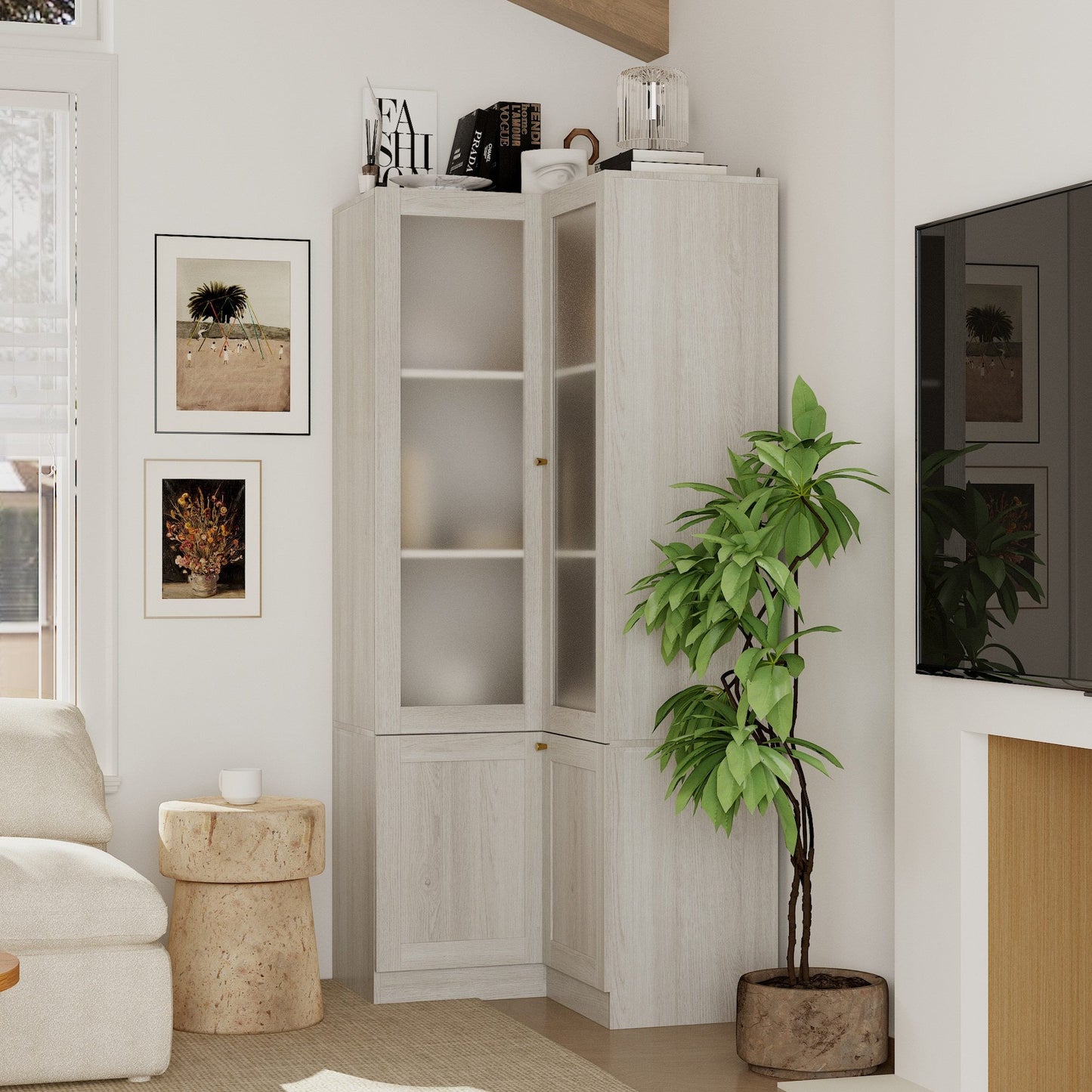 Bibliothèque modulaire à 4 tiroirs avec portes en verre dépoli, 71 po H x 126 po L