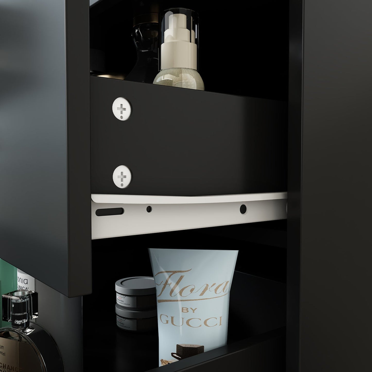 Ensemble coiffeuse avec miroir coulissant éclairé, tabouret rembourré, 5 tiroirs et étagères