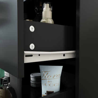 Ensemble coiffeuse avec miroir coulissant éclairé, tabouret rembourré, 5 tiroirs et étagères