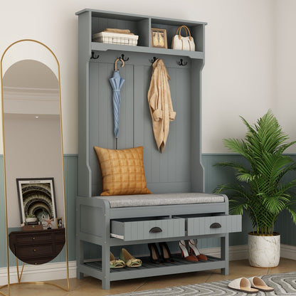 Meuble d'entrée moderne 4 en 1 avec banc de rangement, porte-manteau, étagères et tiroirs pour entrée ou salon