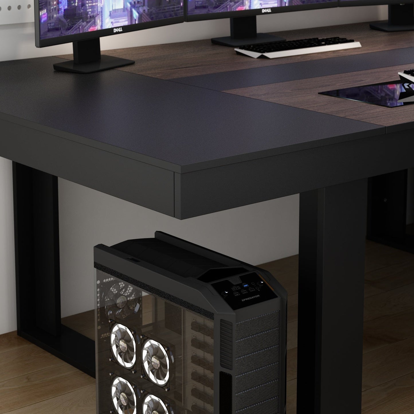 Grande table de conférence, bureau gaming avec finition bois pour réception