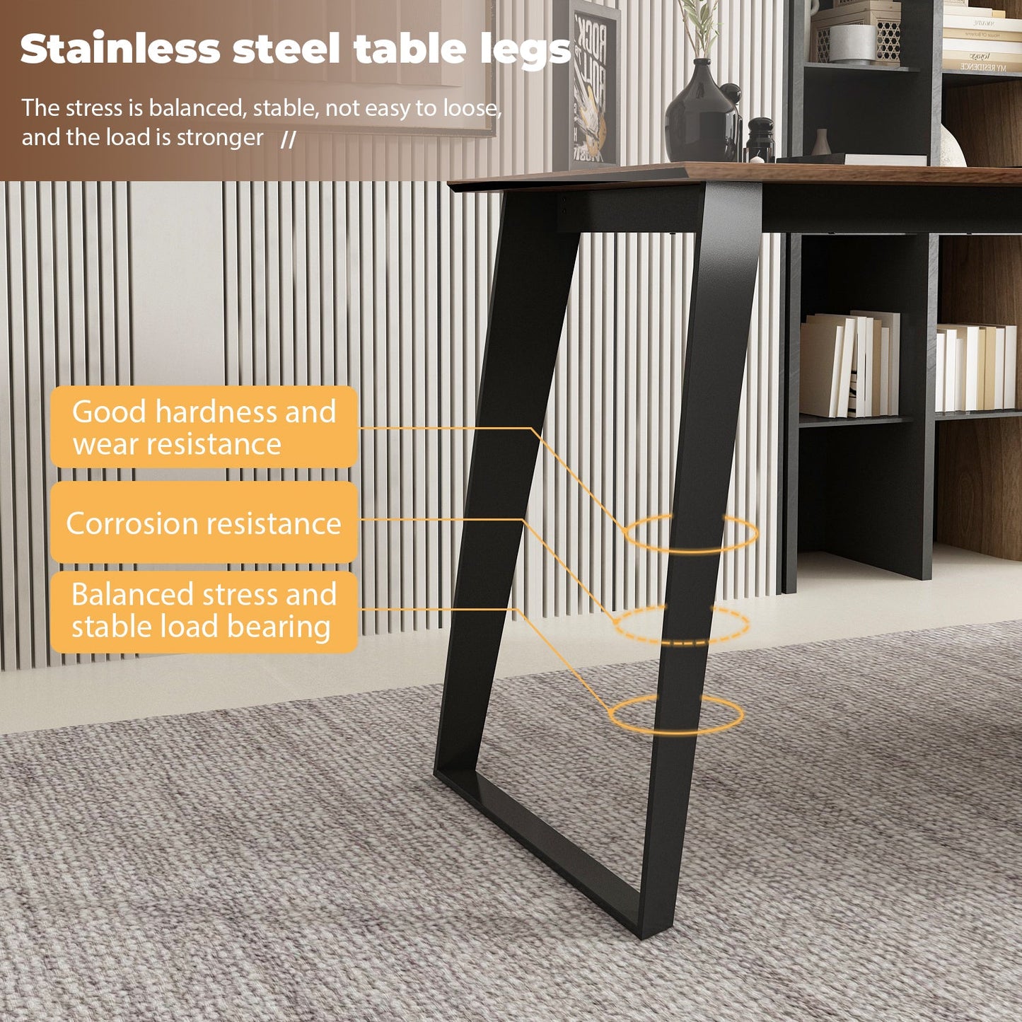 Bureau d'angle en forme de L avec tiroirs, finition bois brun.