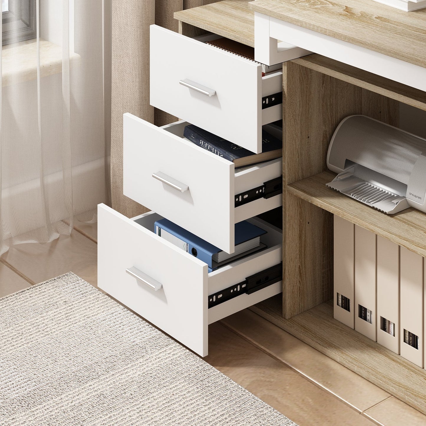 Bureau d'angle en L de 55 pouces avec étagères et tiroirs 