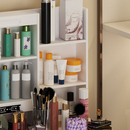 Ensemble coiffeuse avec miroir coulissant éclairé, tabouret rembourré, 5 tiroirs et étagères