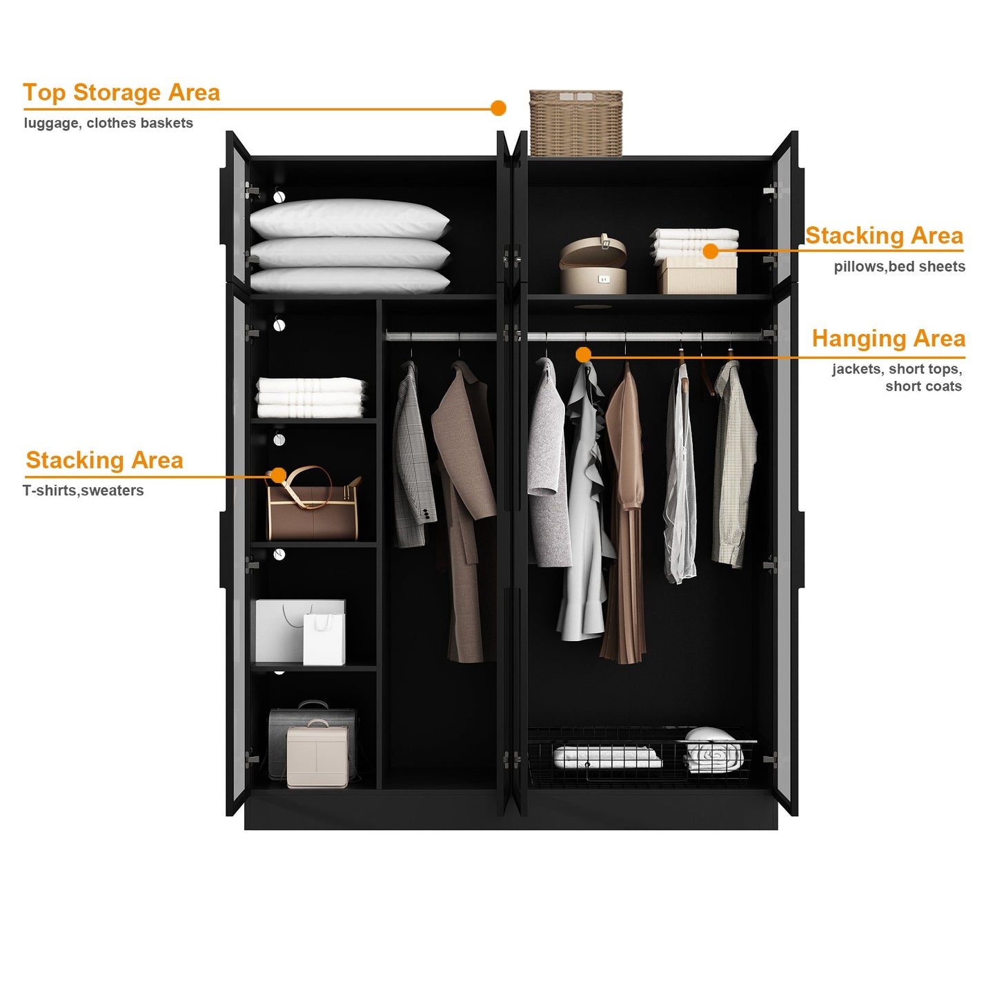 Armoire noire élégante avec éclairage LED et portes en verre trempé