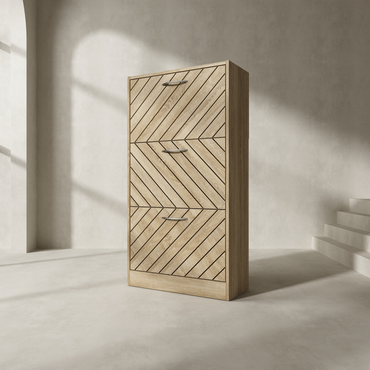 Meuble à chaussures vieilli avec 3 tiroirs rabattables pour entrée et couloir 