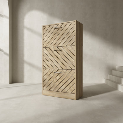 Meuble à chaussures vieilli avec 3 tiroirs rabattables pour entrée et couloir 