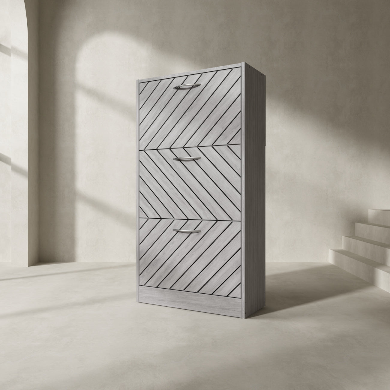 Meuble à chaussures vieilli avec 3 tiroirs rabattables pour entrée et couloir 