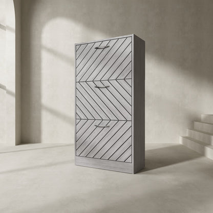 Meuble à chaussures vieilli avec 3 tiroirs rabattables pour entrée et couloir 