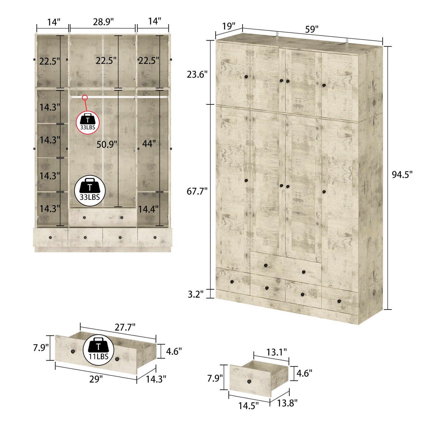 Grande armoire-penderie pour chambre à coucher, meuble de rangement à 4 portes et 5 tiroirs
