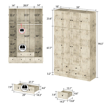 Grande armoire-penderie pour chambre à coucher, meuble de rangement à 4 portes et 5 tiroirs
