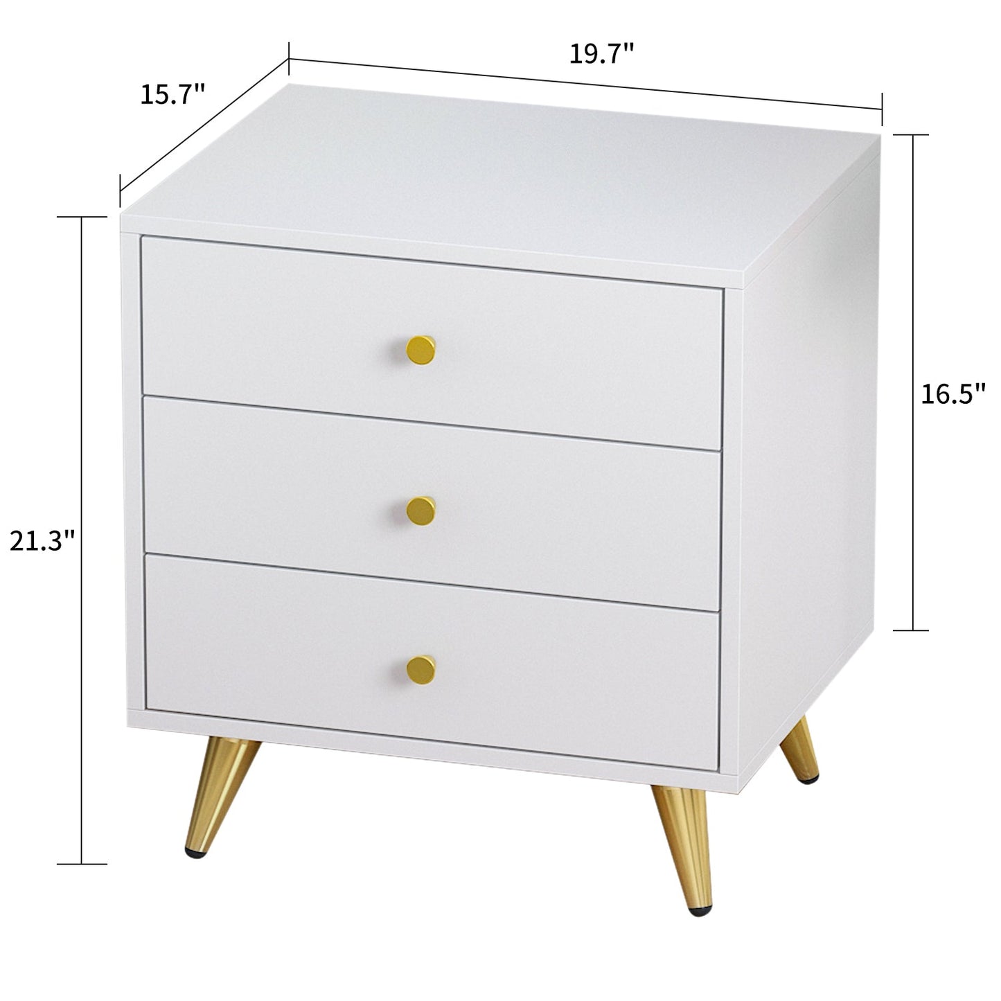 Table de chevet à 3 tiroirs avec pieds plaqués or pour petits espaces 