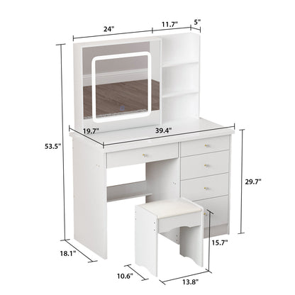 Ensemble coiffeuse avec miroir coulissant éclairé, tabouret rembourré, 5 tiroirs et étagères