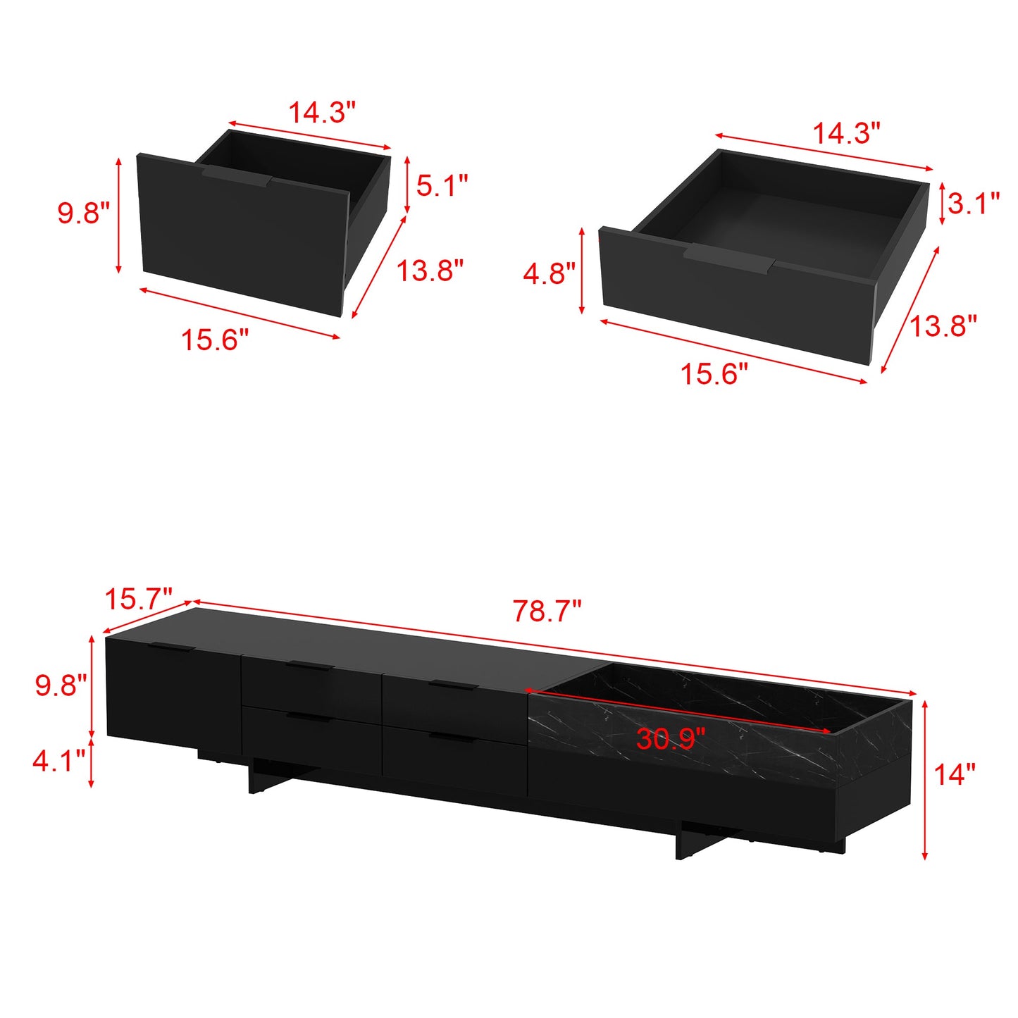 Meuble TV/centre multimédia de 200 cm de large avec 5 tiroirs, finition brillante et design effet pierre, et rangement intégré.