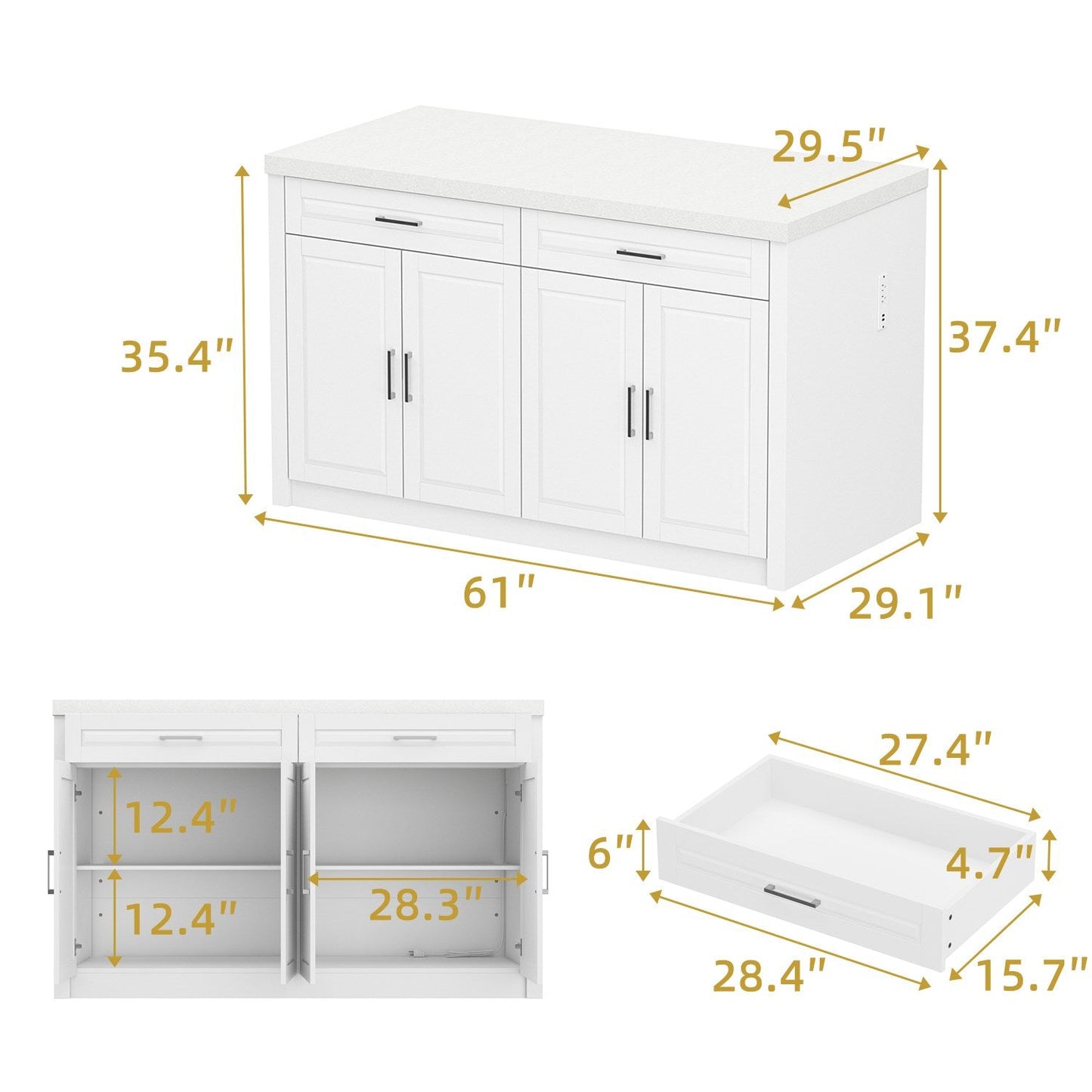 Îlot de cuisine de 61 po de largeur avec 2 tiroirs et 4 portes