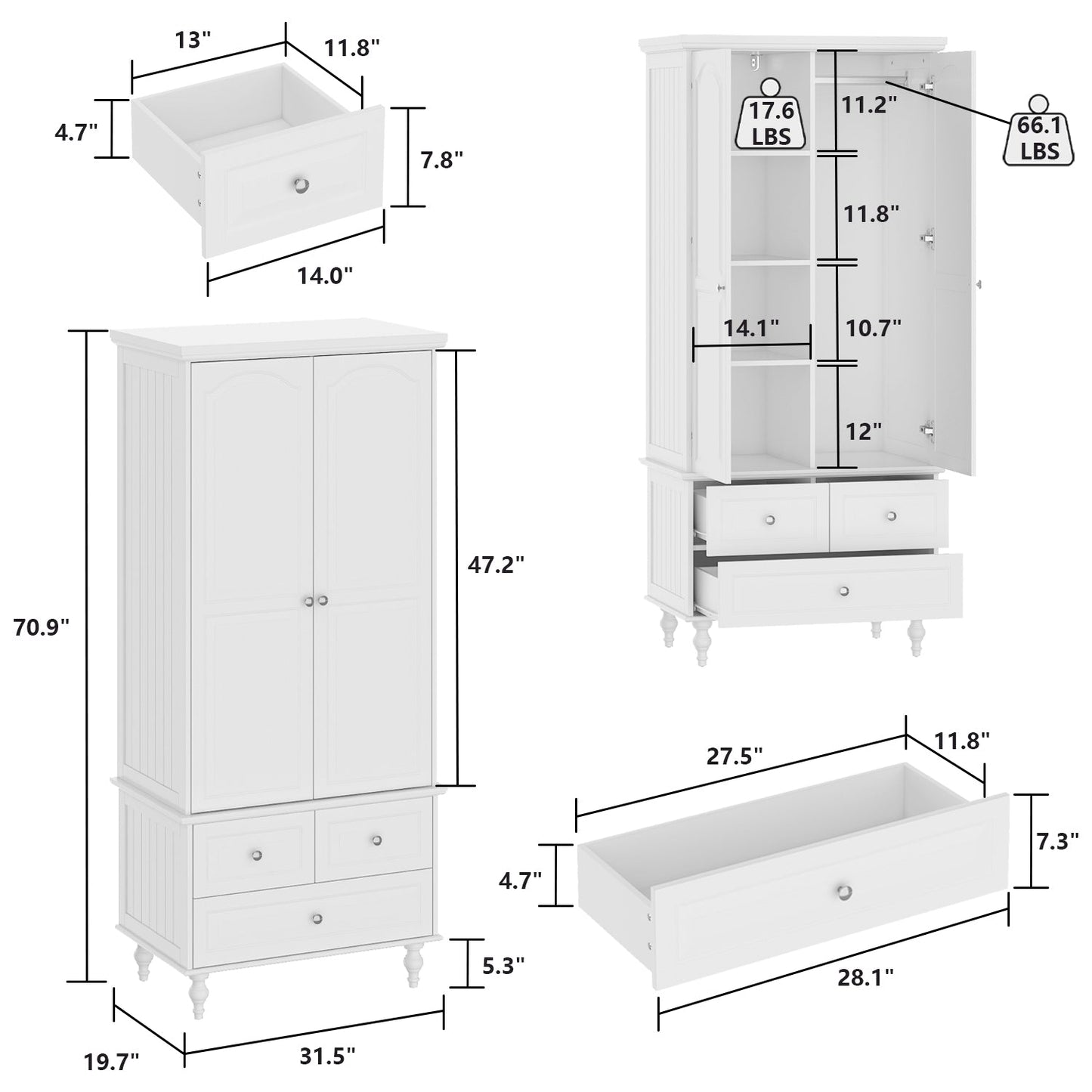 Armoire de rangement blanche pour chambre à coucher avec 3 tiroirs