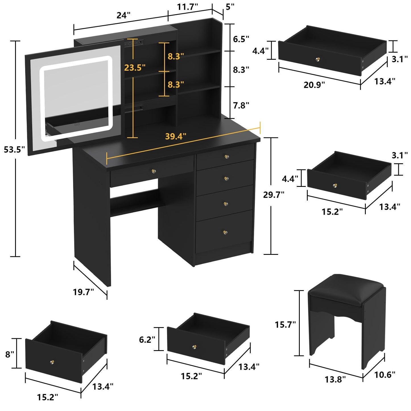 Ensemble coiffeuse avec miroir coulissant éclairé, tabouret rembourré, 5 tiroirs et étagères