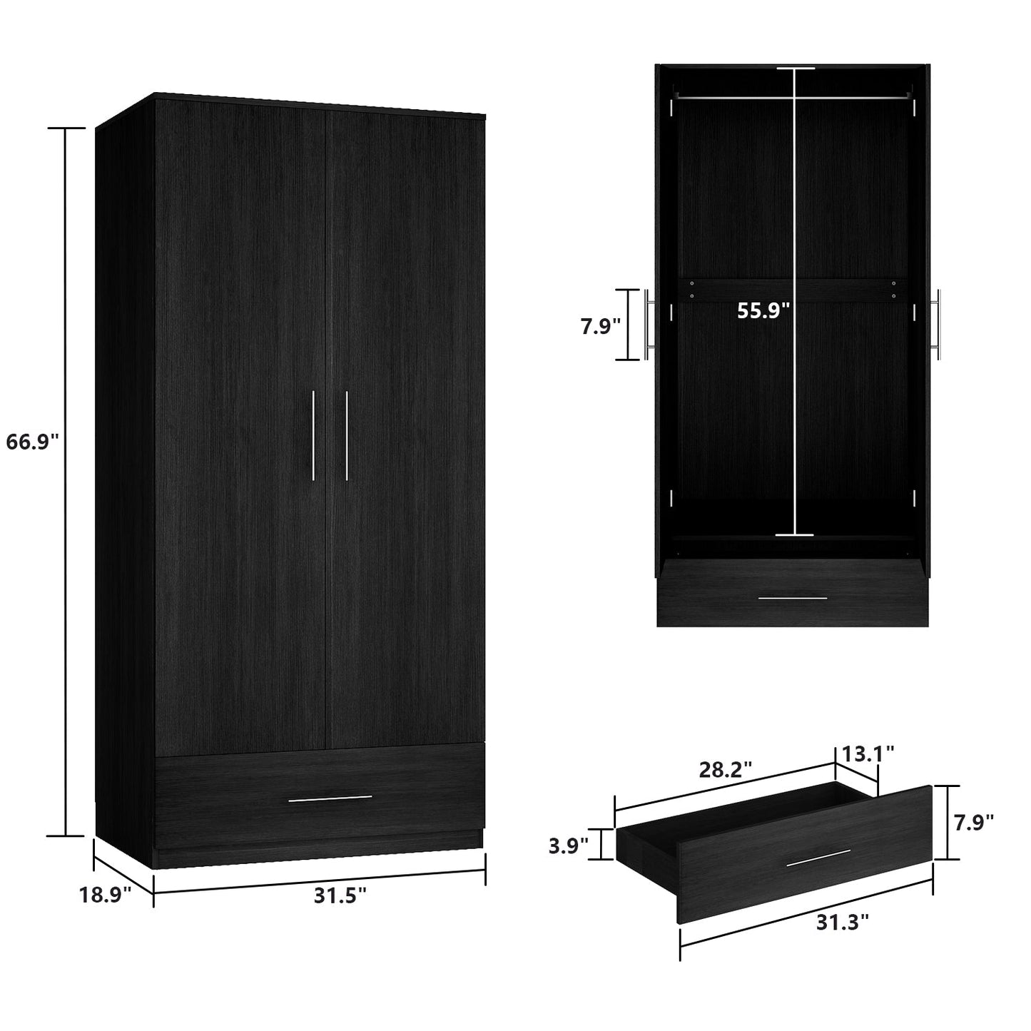 Armoire à 2 portes et 1 tiroir pour le rangement de la chambre