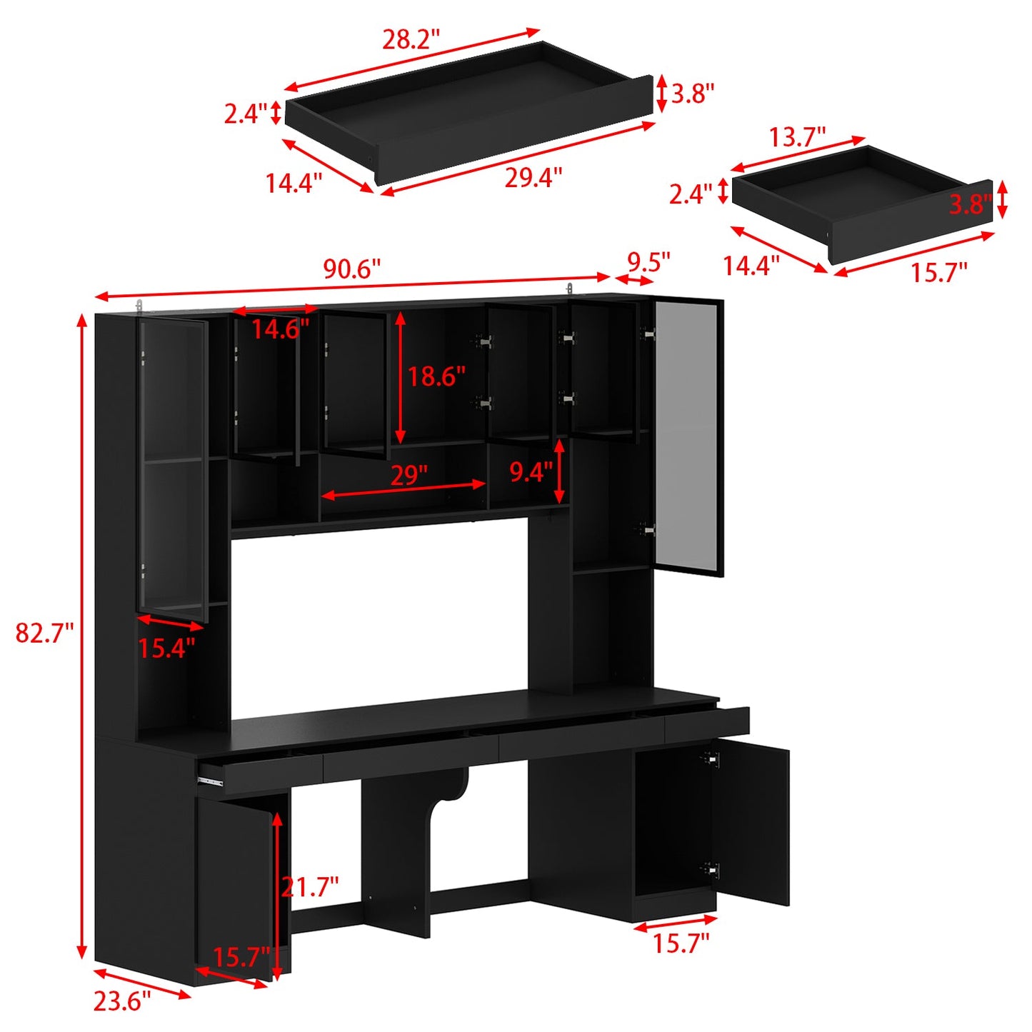 Bureau d'ordinateur de 90,6 pouces de large avec armoires vitrées
