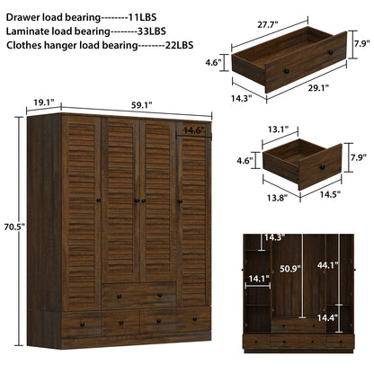 Grande armoire-penderie pour chambre à coucher, meuble de rangement à 4 portes et 5 tiroirs