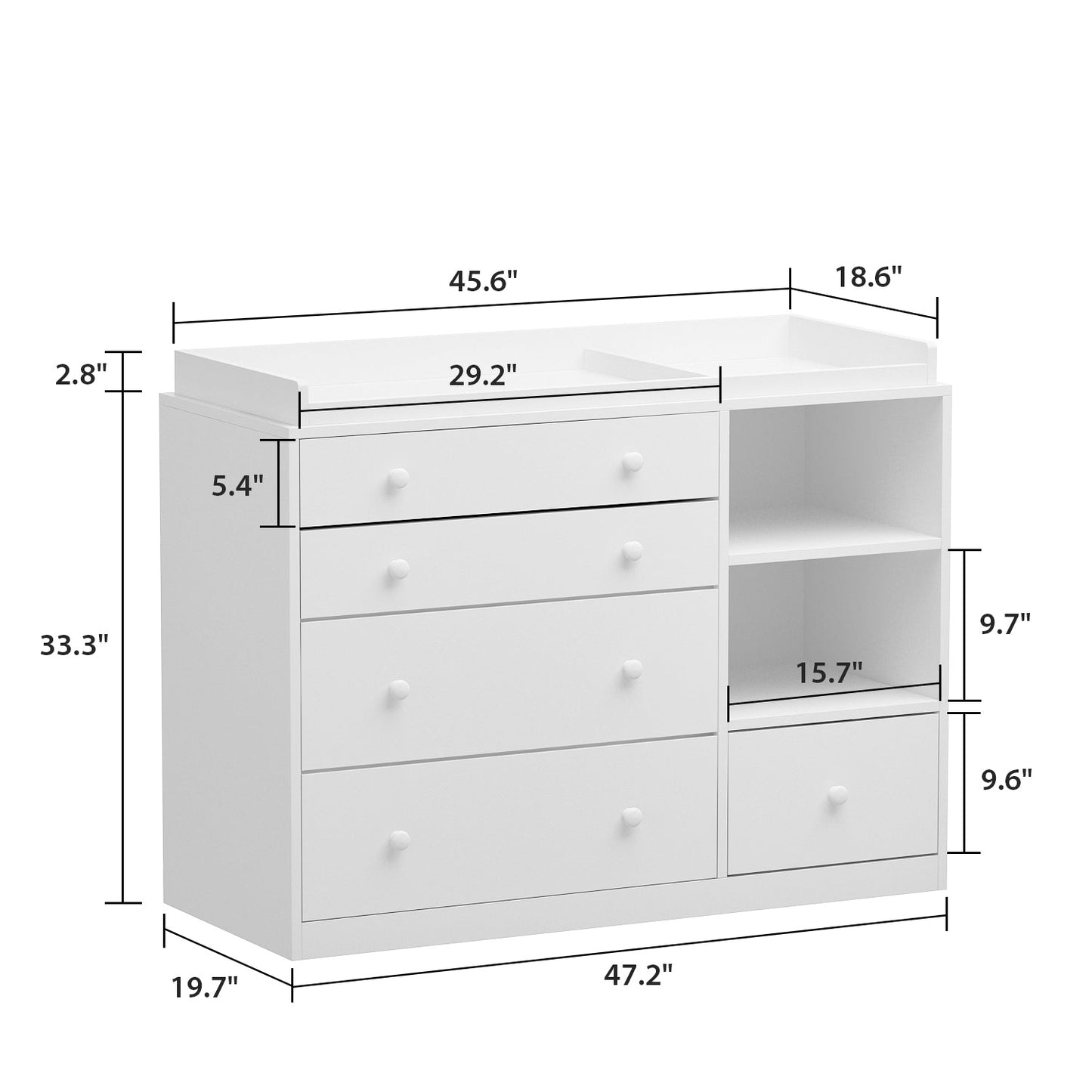Commode de rangement pour chambre d'enfant avec table à langer, plateau spacieux, 5 tiroirs et 2 étagères 