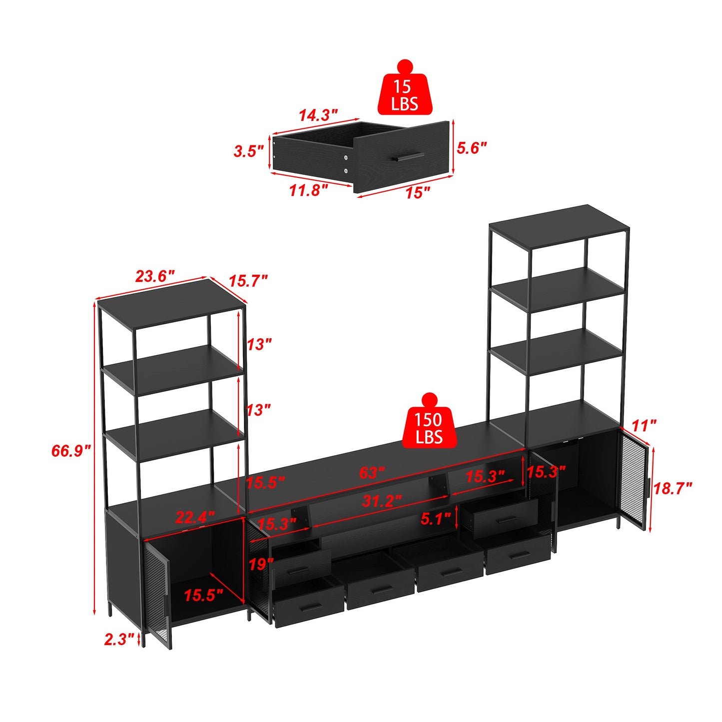 Meuble TV noir élégant avec centre multimédia : design moderne et grand espace de rangement