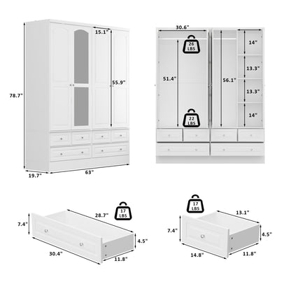 Armoire-penderie blanche élégante de 63 pouces de large avec miroir, 4 portes et 6 tiroirs