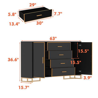 Commode à 2 portes et 4 tiroirs avec étagères réglables