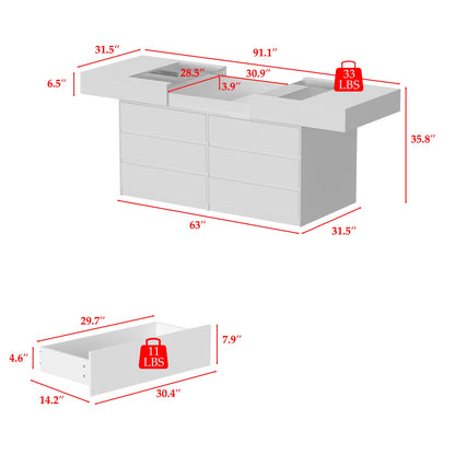 Commode à 12 tiroirs et 1 étagère, au design élégant et au plateau en verre trempé