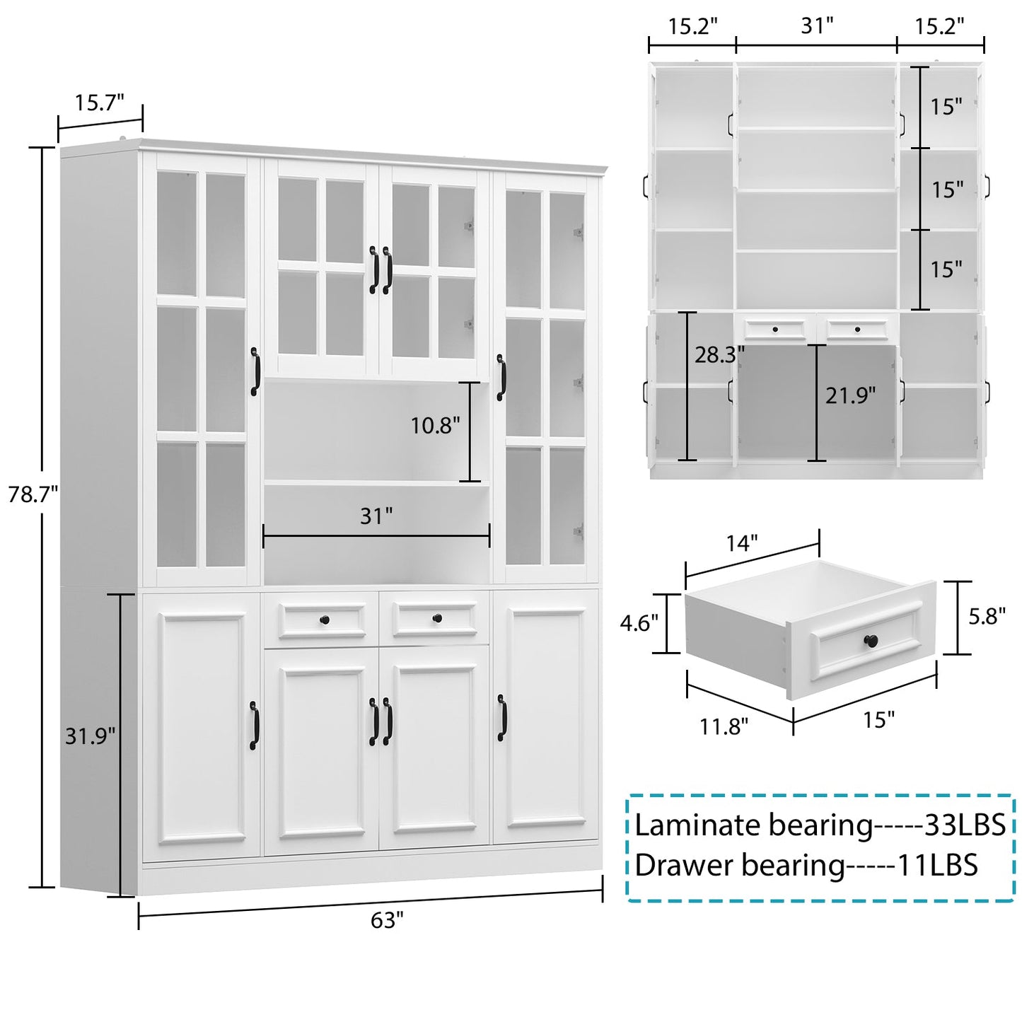 Vitrine d'angle avec étagère de rangement et bibliothèque, combinant 4 portes vitrées et 2 tiroirs