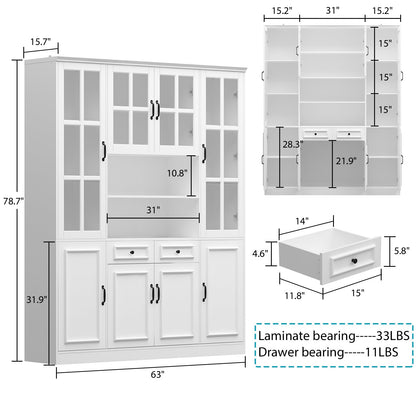 Vitrine d'angle avec étagère de rangement et bibliothèque, combinant 4 portes vitrées et 2 tiroirs