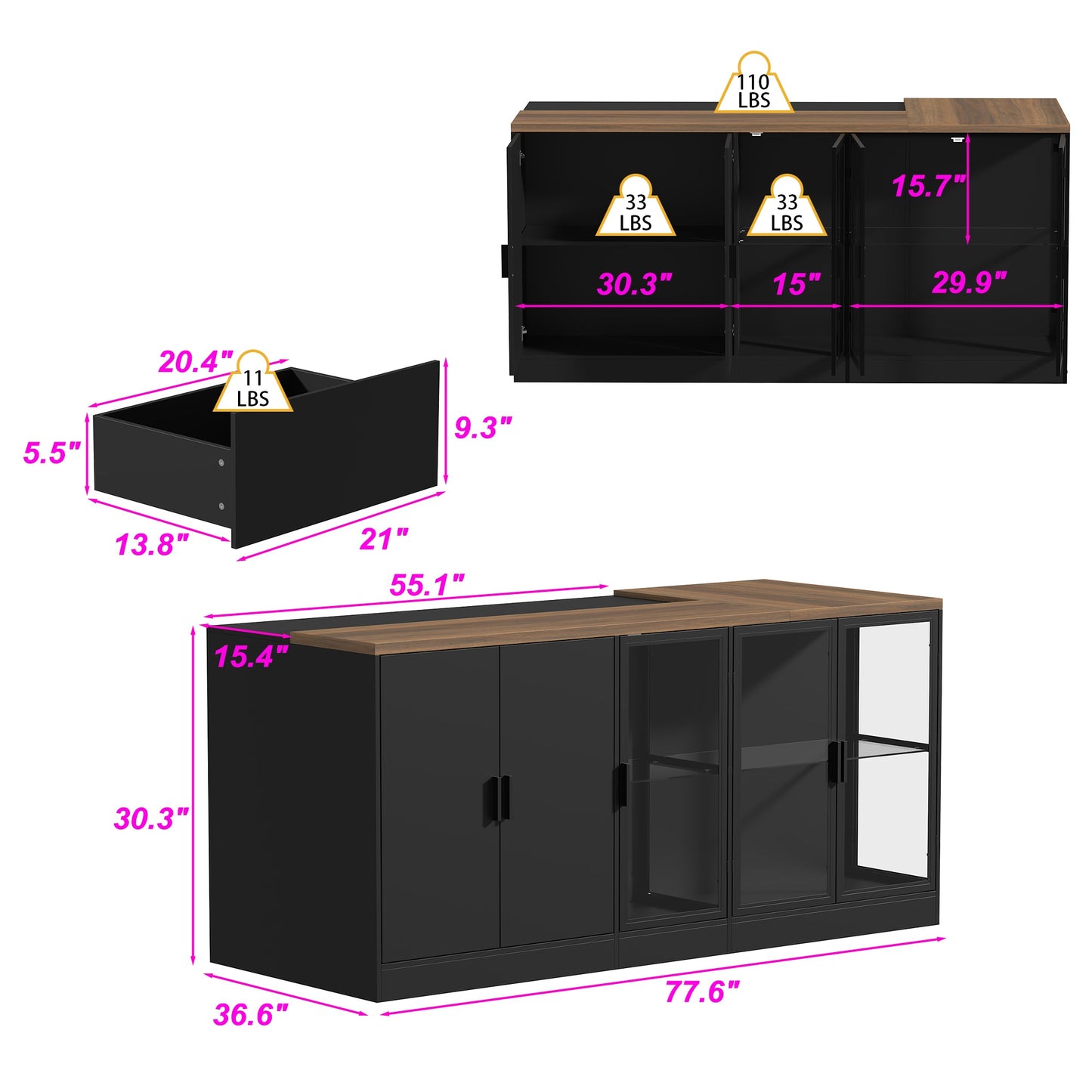 Îlot de cuisine 77,6 po avec porte vitrée, 3 tiroirs, éclairage double face
