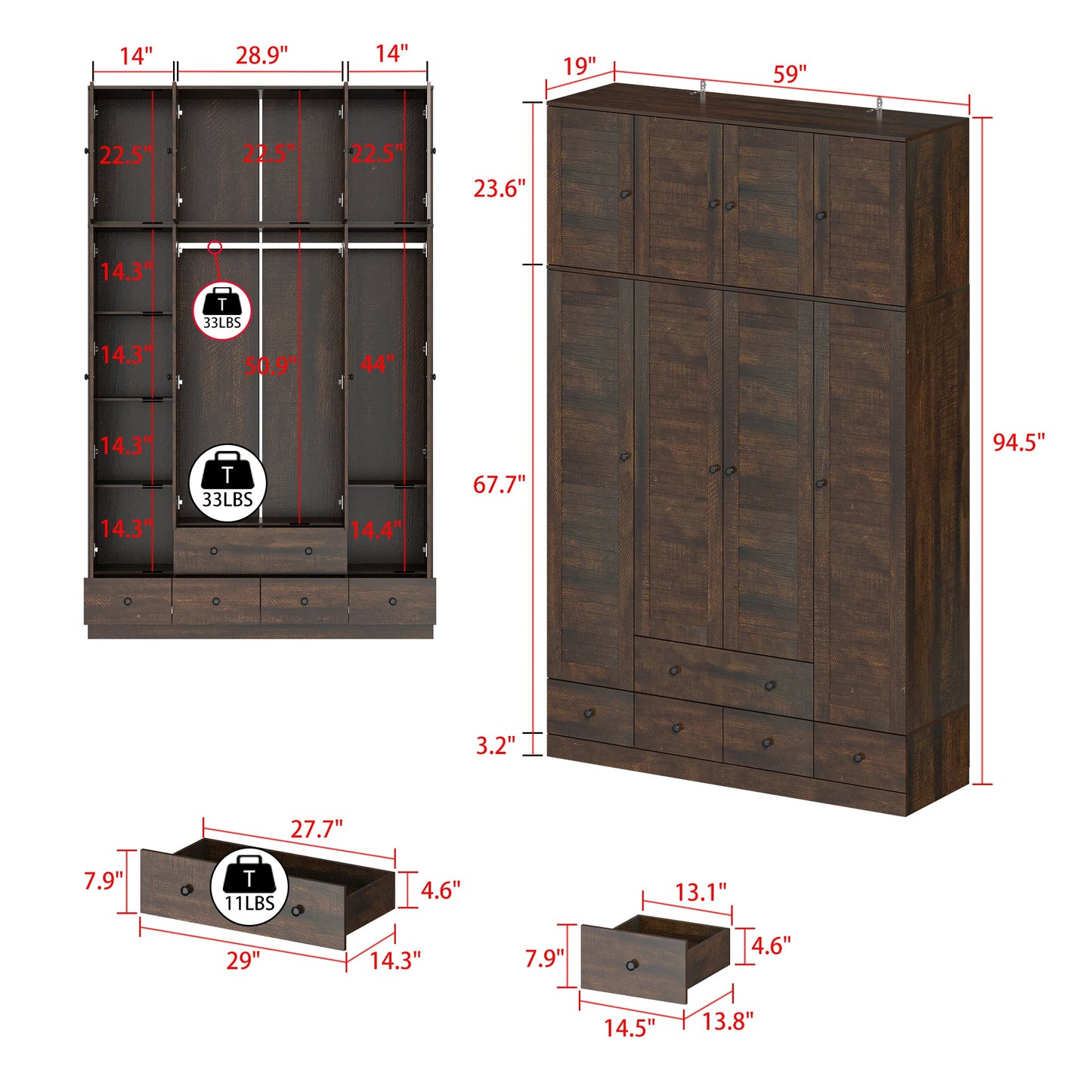 Grande armoire-penderie pour chambre à coucher, meuble de rangement à 4 portes et 5 tiroirs