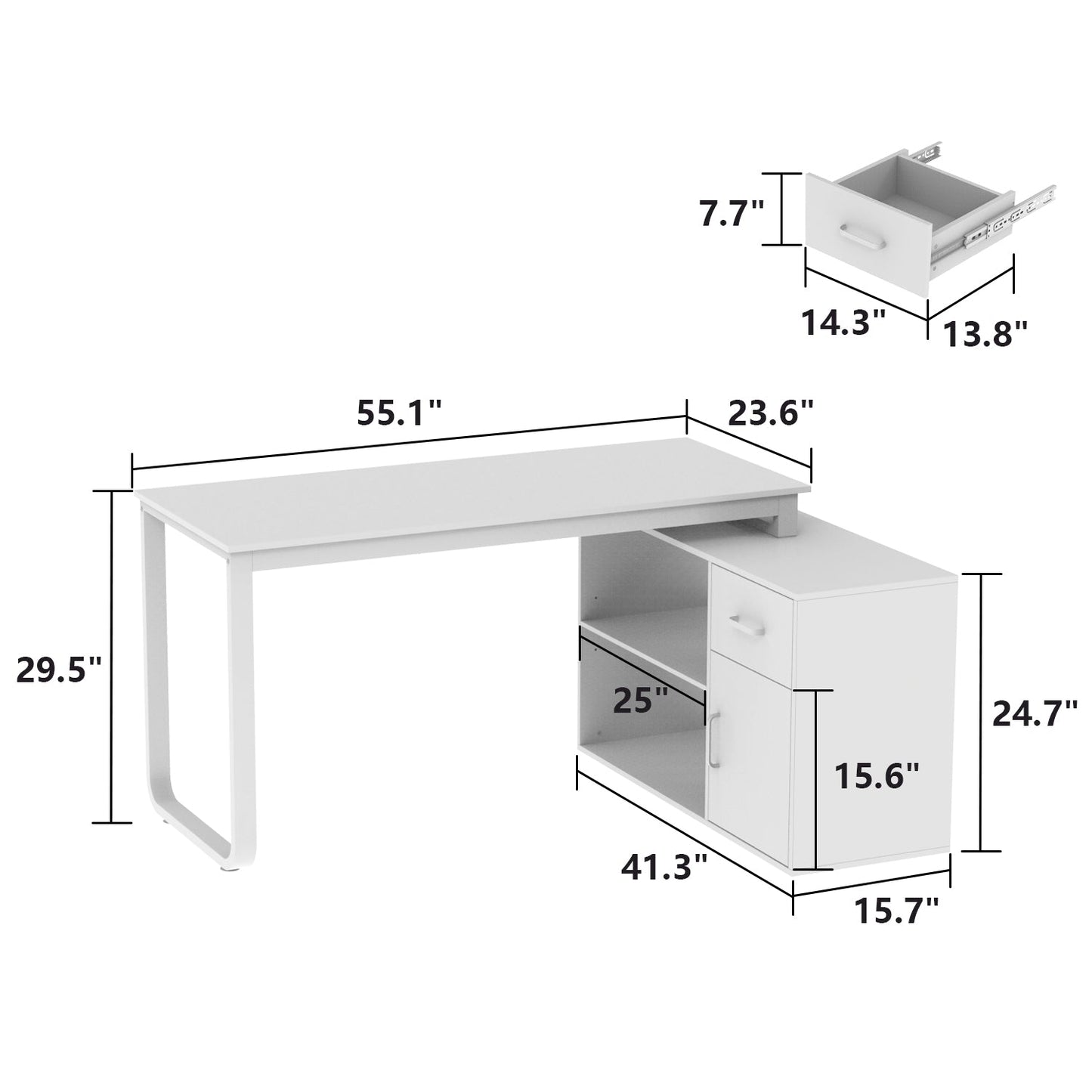 Bureau d'angle pour ordinateur avec grand espace de rangement, idéal pour un bureau à domicile.