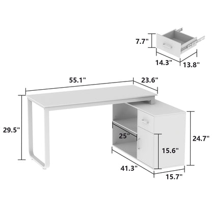 Bureau d'angle pour ordinateur avec grand espace de rangement, idéal pour un bureau à domicile.