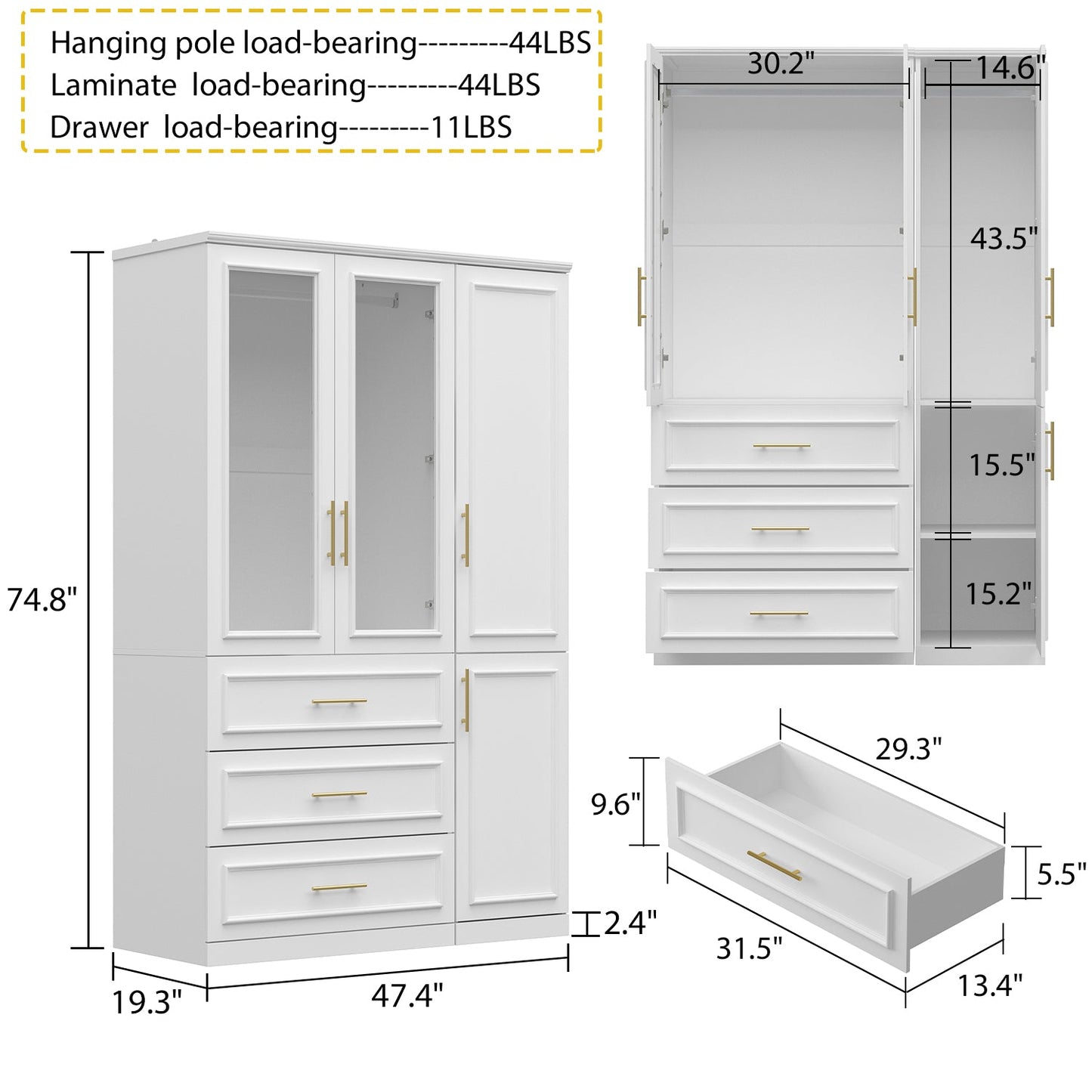 Armoire modulaire de grande taille (74,8 cm) avec portes et tiroirs en verre