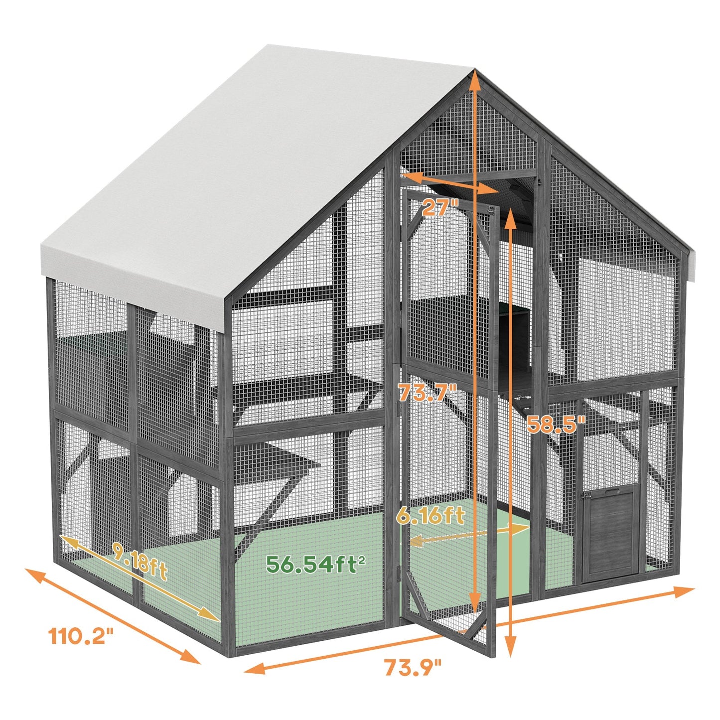 Grand enclos extérieur en bois pour chats, comprenant des niches, des ponts et des allées.