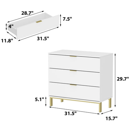 Commode verticale à 3 tiroirs avec pieds en métal pour chambre à coucher