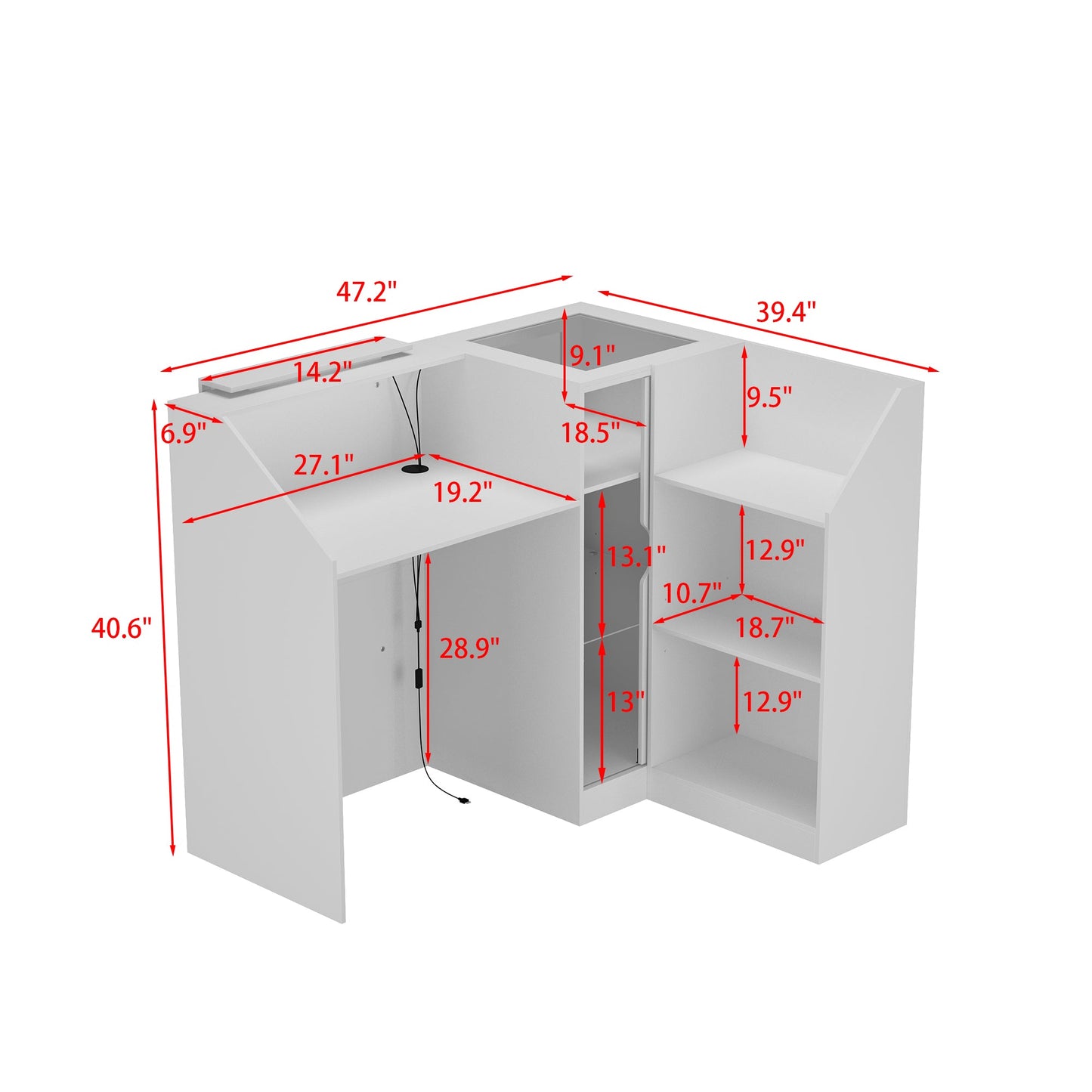 Comptoir d'accueil moderne à éclairage LED avec étagères ouvertes et compartiments de rangement