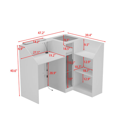 Comptoir d'accueil moderne à éclairage LED avec étagères ouvertes et compartiments de rangement