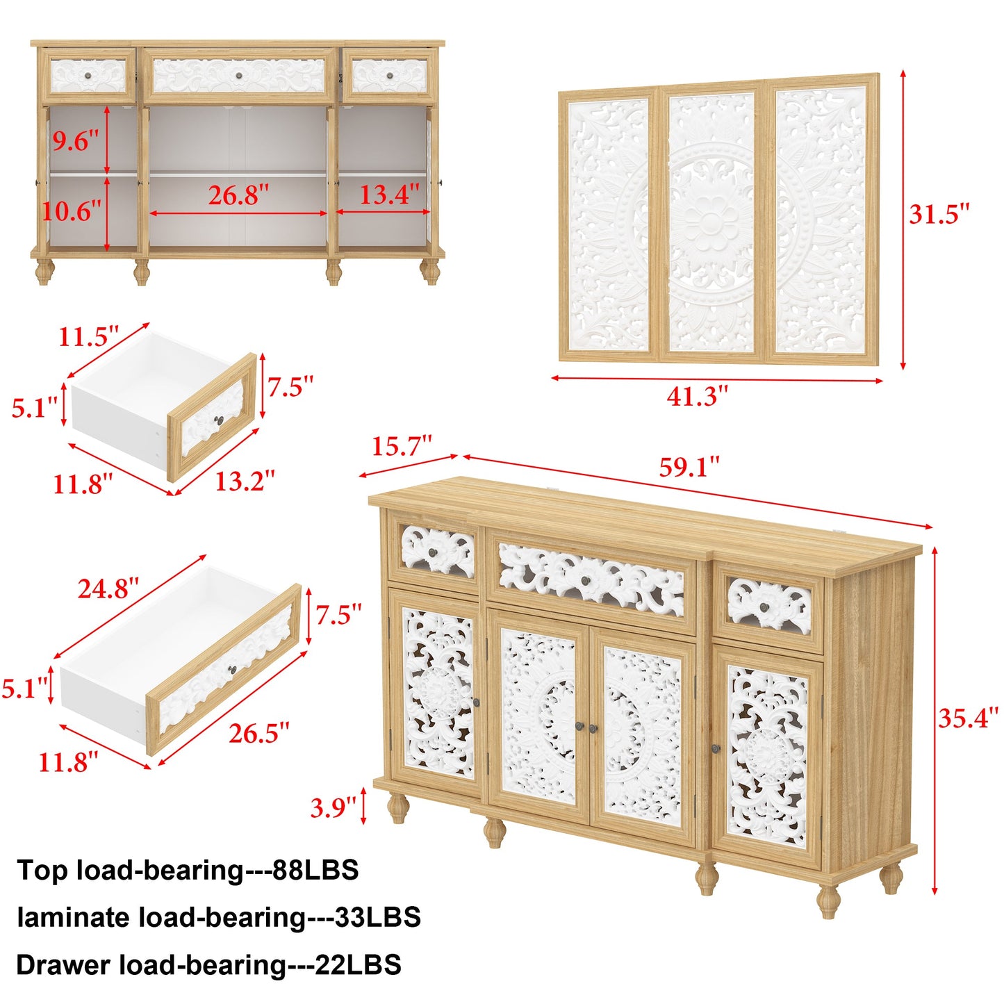 Buffet/meuble de rangement de 59,1 cm de large avec décorations murales