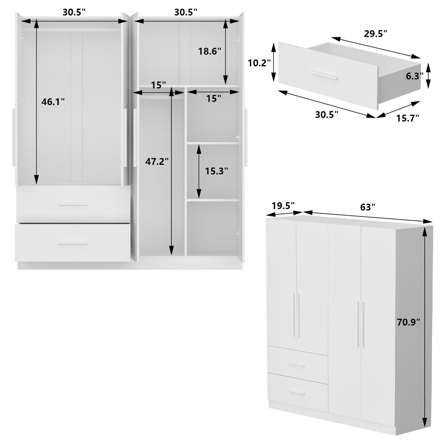 Armoire de rangement en bois manufacturé, grande penderie familiale avec barres de suspension