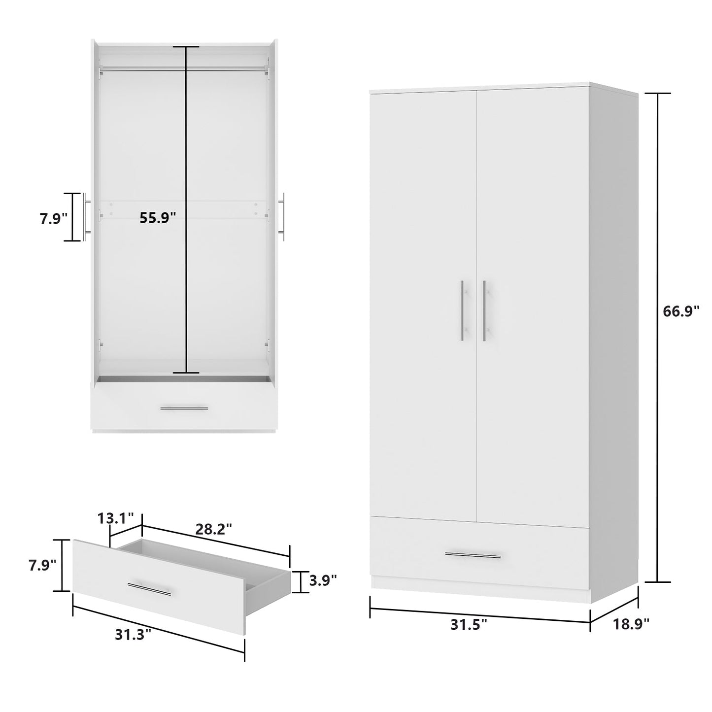 Armoire à 2 portes et 1 tiroir pour le rangement de la chambre