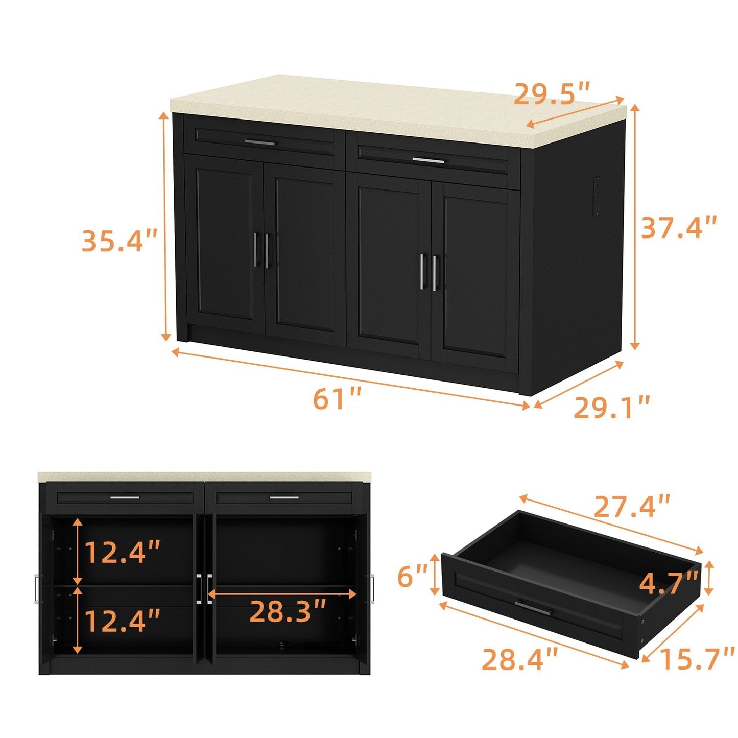 Îlot de cuisine de 61 po de largeur avec 2 tiroirs et 4 portes