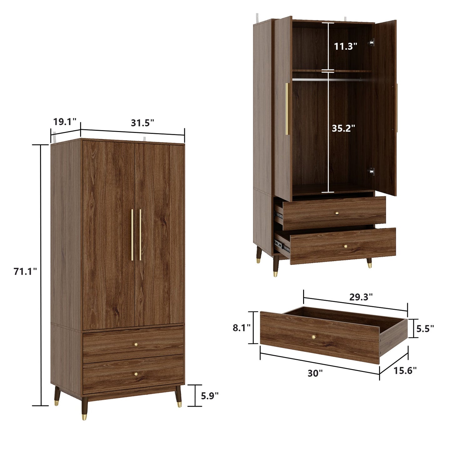 Armoire moderne grand placard de rangement 2 portes 2 tiroirs