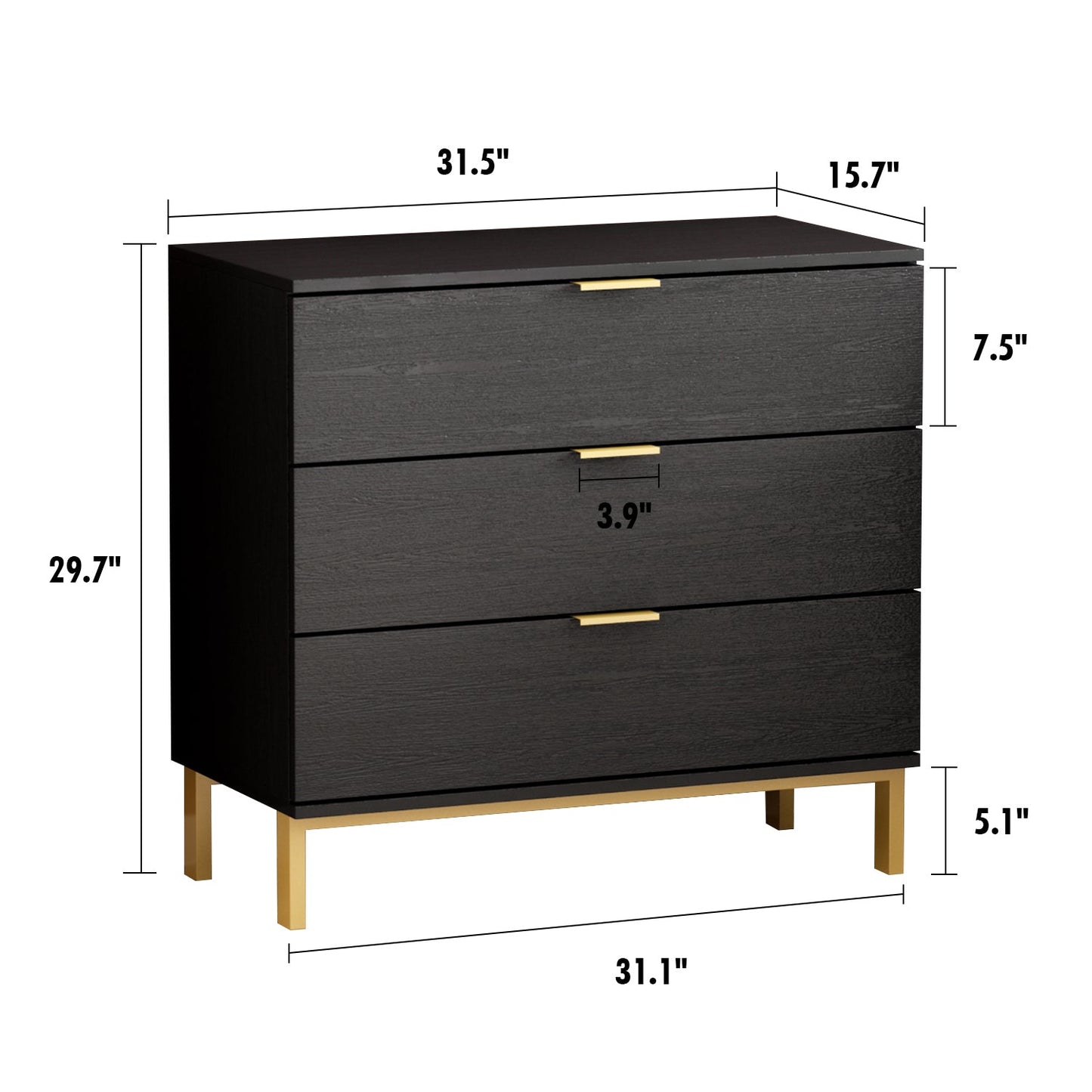Commode verticale à 3 tiroirs avec pieds en métal pour chambre à coucher