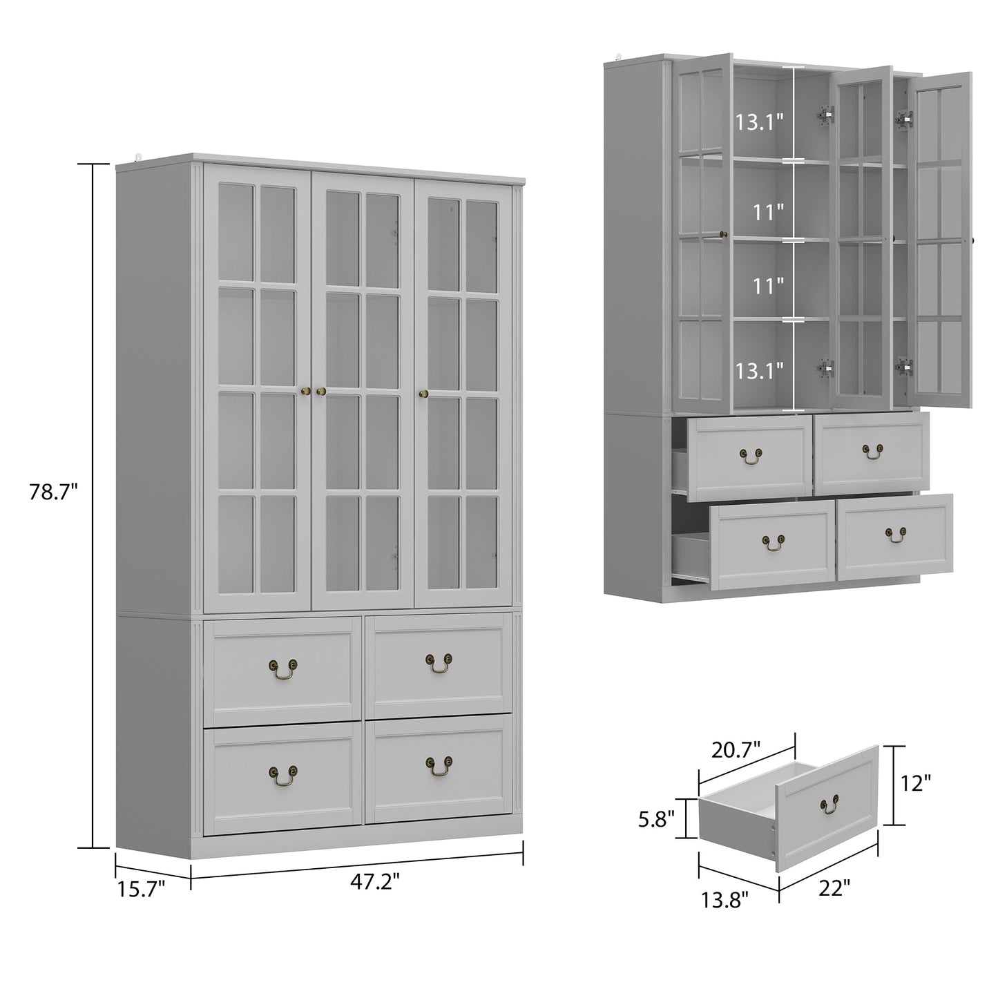 Grande bibliothèque vitrine avec étagères de rangement, 3 portes vitrées et 4 tiroirs avec poignées en métal