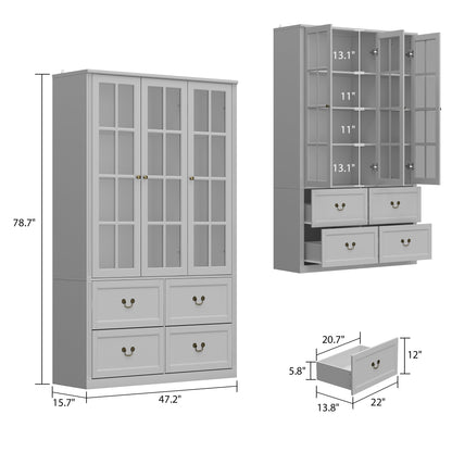 Grande bibliothèque vitrine avec étagères de rangement, 3 portes vitrées et 4 tiroirs avec poignées en métal